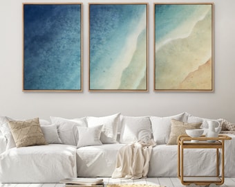 Framed Canvas Wall Art Prints Set of 3 Abstract Blue Beach Ocean Landscape Photography Modern Wall Art Farmhouse Decor