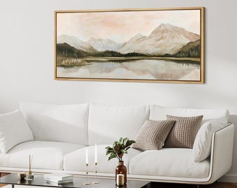 Mountain Lake Sunset Wall Art, Large Framed Soft Pastel Landscape Canvas Print, Neutral Modern Artwork for Living Room or Bedroom Decor