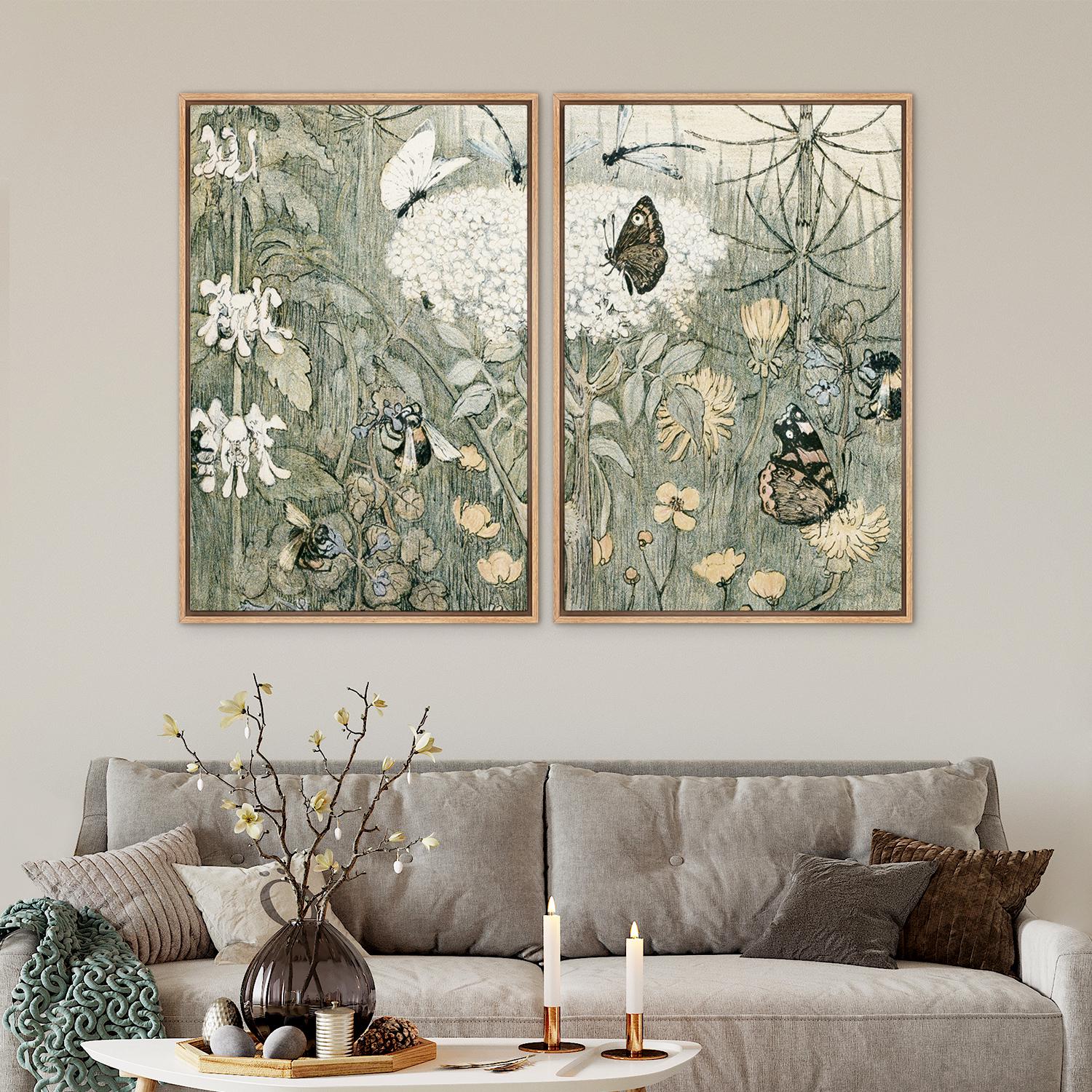 ボタニカルアート　花と蝶/ヴィンテージアート/植物画フレーム Vintage Botanical Wall Art Framed Canvas Prints Set of 2 Antique