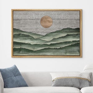 Framed Canvas Wall Art Sage Green Wood Panel Mountain Range Landscape Print Modern Farmhouse Wall Decor