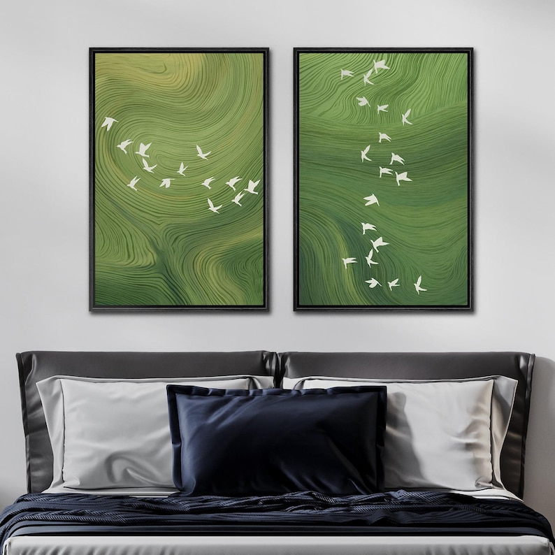 Sage Green Birds Wall Art Set of 2 - Framed Abstract Canvas, Minimalist ...