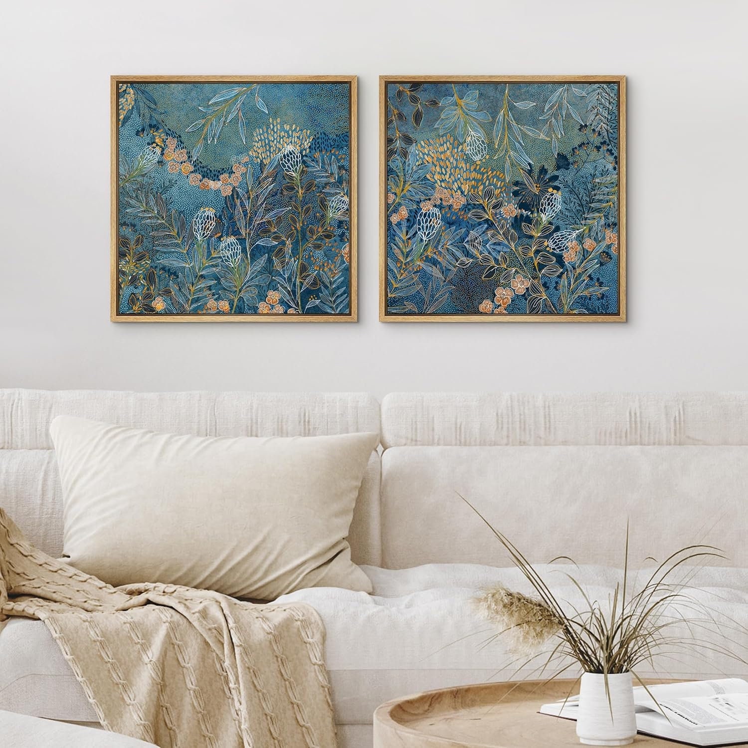 Framed Canvas Wall Art Set of 2 Abstract Blue Botanical Floral Leaf Art ...