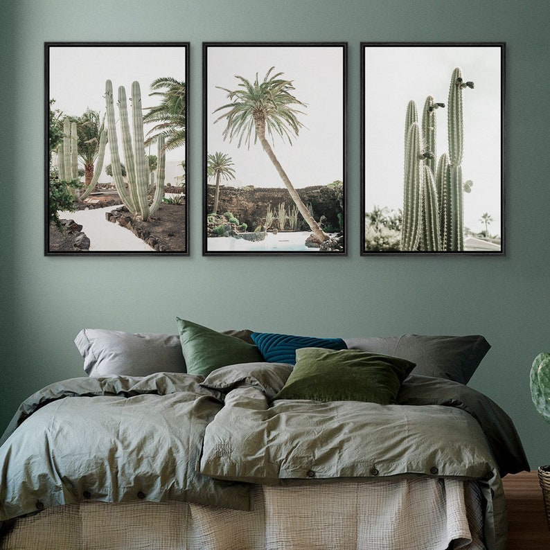 Framed Canvas Wall Art Set of 3 Green Cactus Desert Landscape Photography Prints Minimalist Modern Art Western Decor Black
