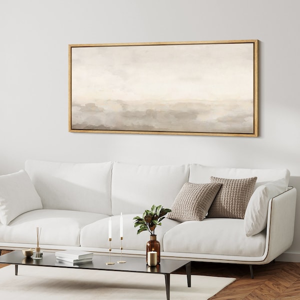 Neutral Abstract Landscape Wall Art, Large Framed Minimalist Misty Horizon Canvas Print, Modern Tranquil Decor for Bedroom or Living Room