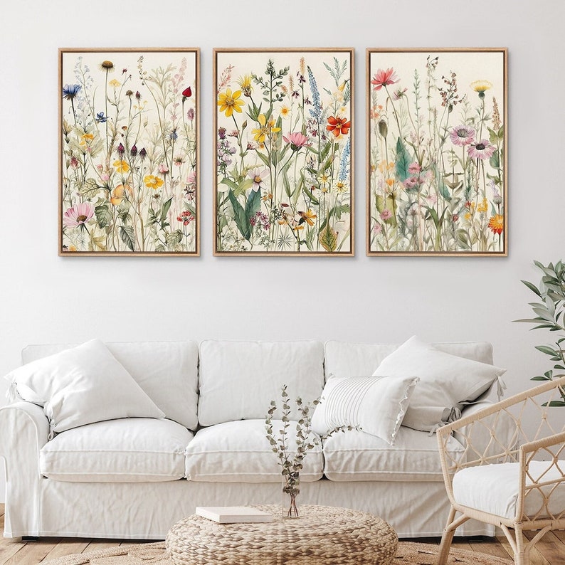 Framed Canvas Wall Art Set Watercolor Wildflowers Floral Botanical Prints Minimalist Modern Art Boho Wall Decor bundle of 3 - Wood