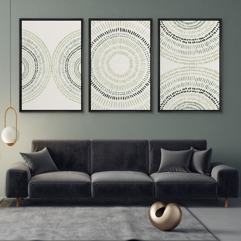 Framed Canvas Wall Art Set of 3 Sage Green Abstract Wood Tree Rings ...