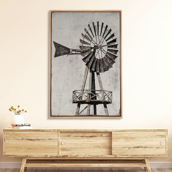 Framed Canvas Wall Art Windmill Rustic Country Landscape