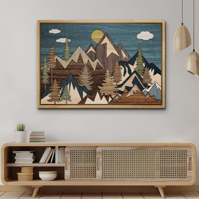 Framed Canvas Wall Art Sunset Mountain Landscape Abstract Illustrations ...