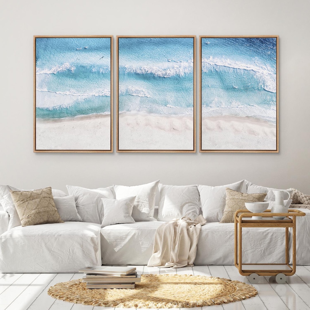 Beach Wall Art Set of 3 - Framed Ocean Wave Photography, Blue Coastal ...