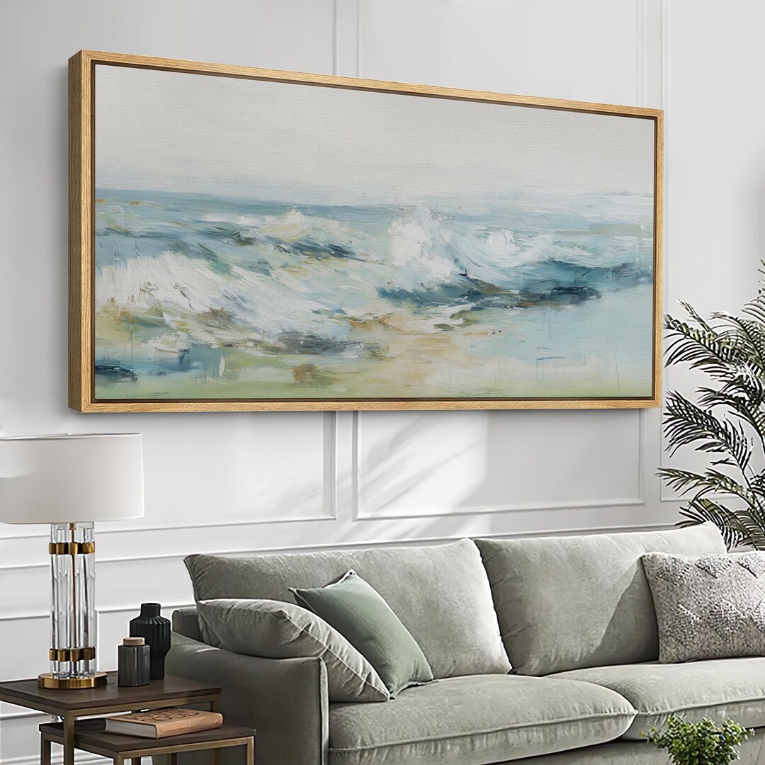 Large Framed Abstract Ocean Wave Wall Art, Soft Blue Coastal Seascape ...