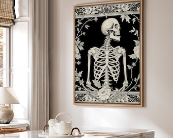 Framed Canvas Wall Art Prints Abstract Floral Skeleton Skull Prints Modern Horror Wall Art Gothic Home Decor