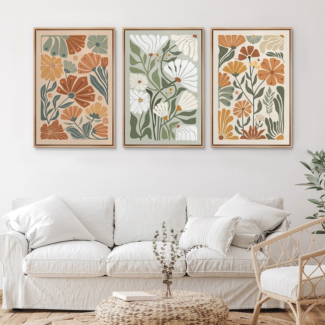 Framed Retro Floral Wall Art Set of 3, Scandinavian Botanical Canvas ...