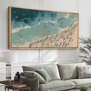 Large Aerial Beach Framed Wall Art, Turquoise Ocean Canvas Print, Coastal Seaside Decor for Beach House Living Room