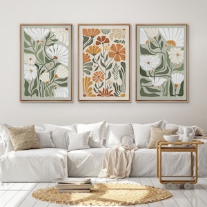 Framed Canvas Wildflower Wall Art Set of 3, Modern Floral Botanical Print, Minimalist Boho Abstract Flower Triptych, Living Room Wall Decor