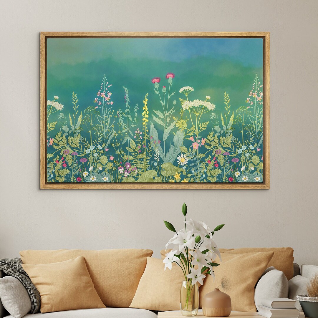 Framed Canvas Wall Art Green Wildflower Floral Botanical Print ...