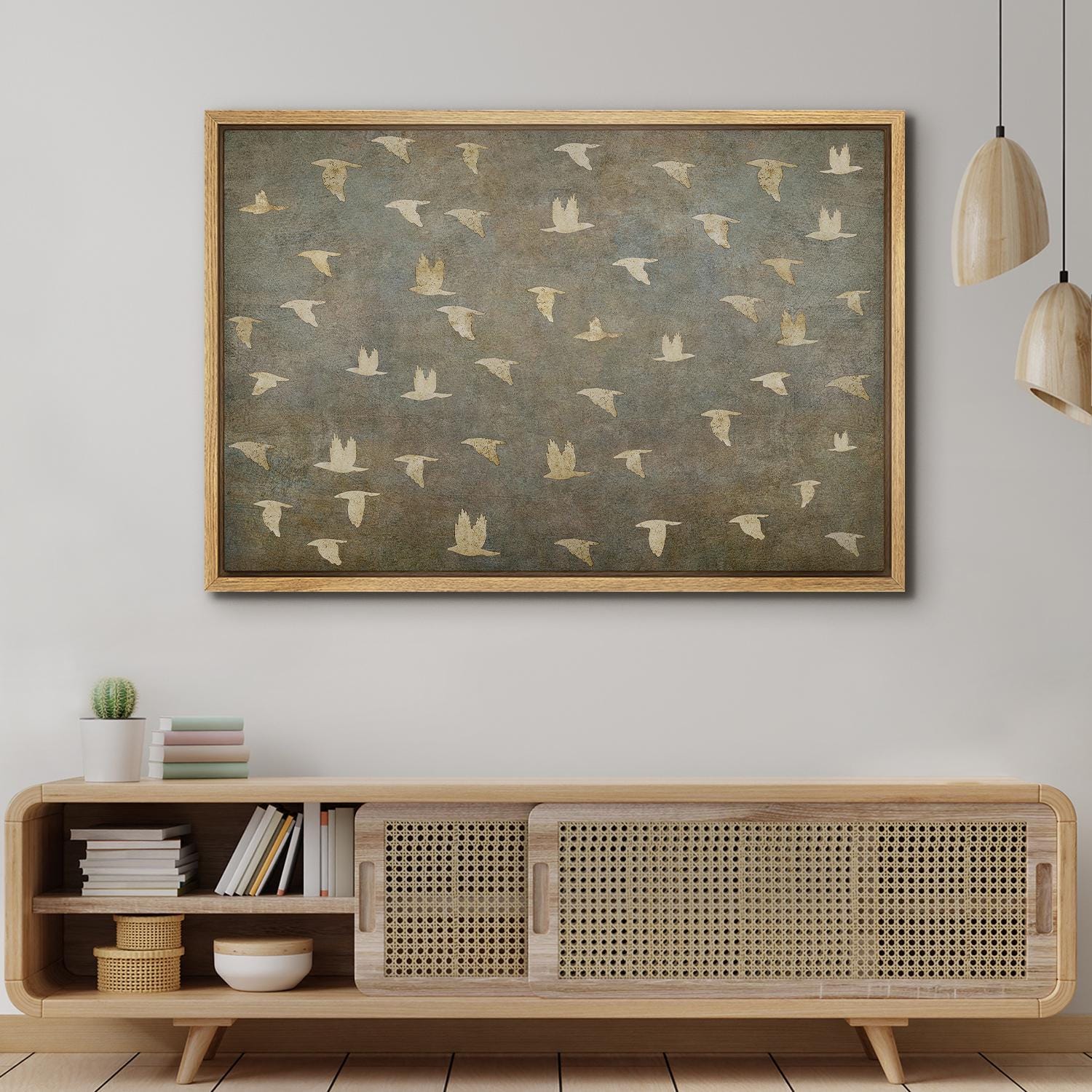 Framed Canvas Wall Art Prints Abstract Flying Flock of Birds in Neutral Tones Rustic Nature Wall Decor Minimalist Artwork Living Room Decor