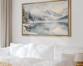 Misty Winter Mountain Lake Framed Wall Art, Snow Pine Forest Reflection Canvas Print, Farmhouse Living Room Decor