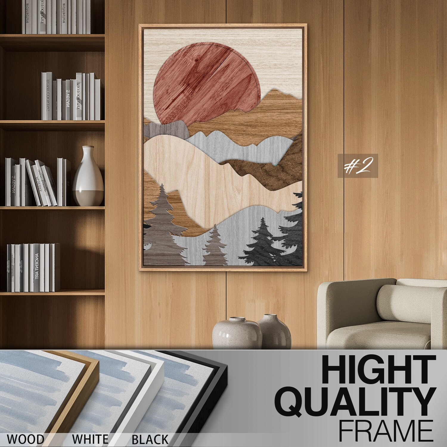 Framed Canvas Wall Art Set of 3 Wood Panel Brown Mountain Pine Tree ...