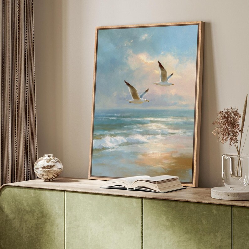 Seagull Ocean Wall Art - Framed Minimalist Bird Canvas Print, Coastal ...