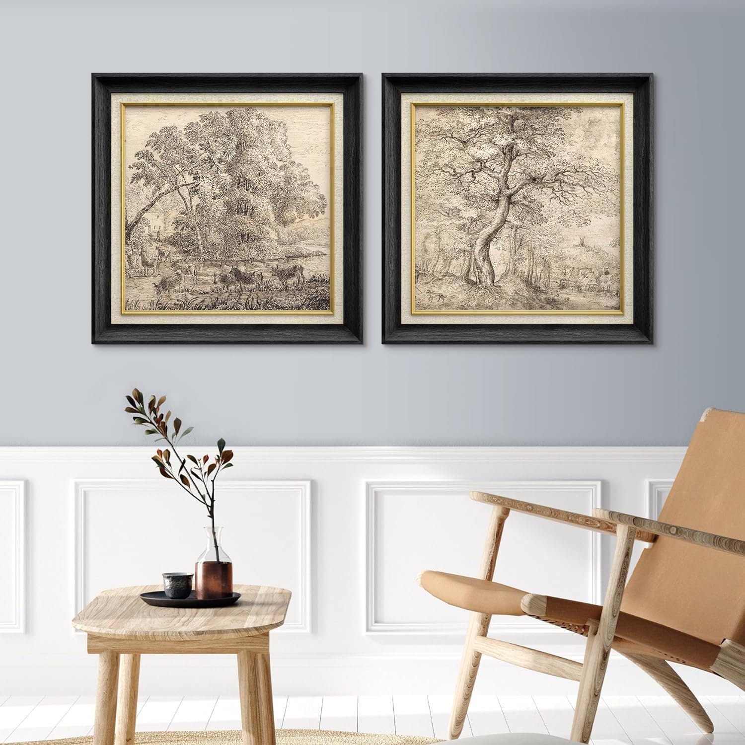 Premium Framed Wall Art Set of 2 Vintage Countryside Forest Tree ...