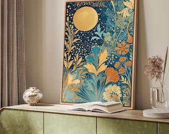 Moonlit Botanical Framed Wall Art, Gold Moon Floral Canvas Print, Art Nouveau Garden Decor for Living Room