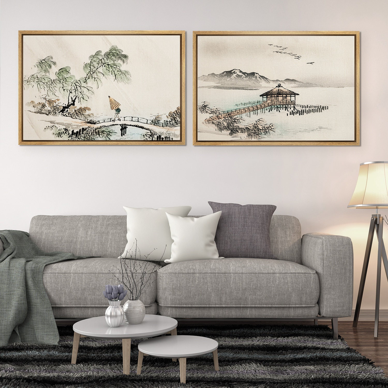 Framed Canvas Wall Art Set of 2 Lanadscape Prints Minimalist