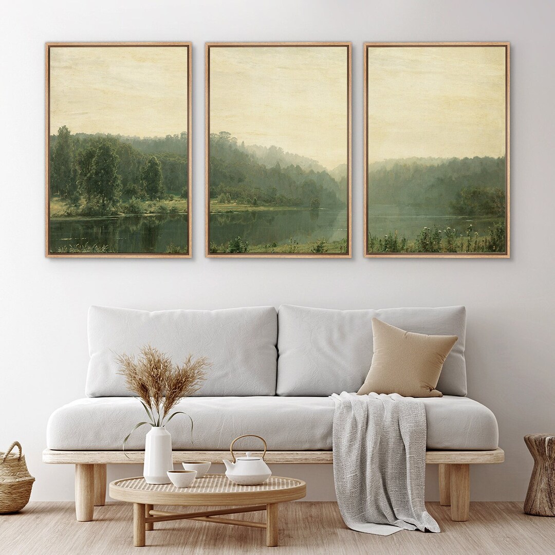 Framed Canvas Wall Art Set Green Forest Lake Vintage Landscape Prints ...