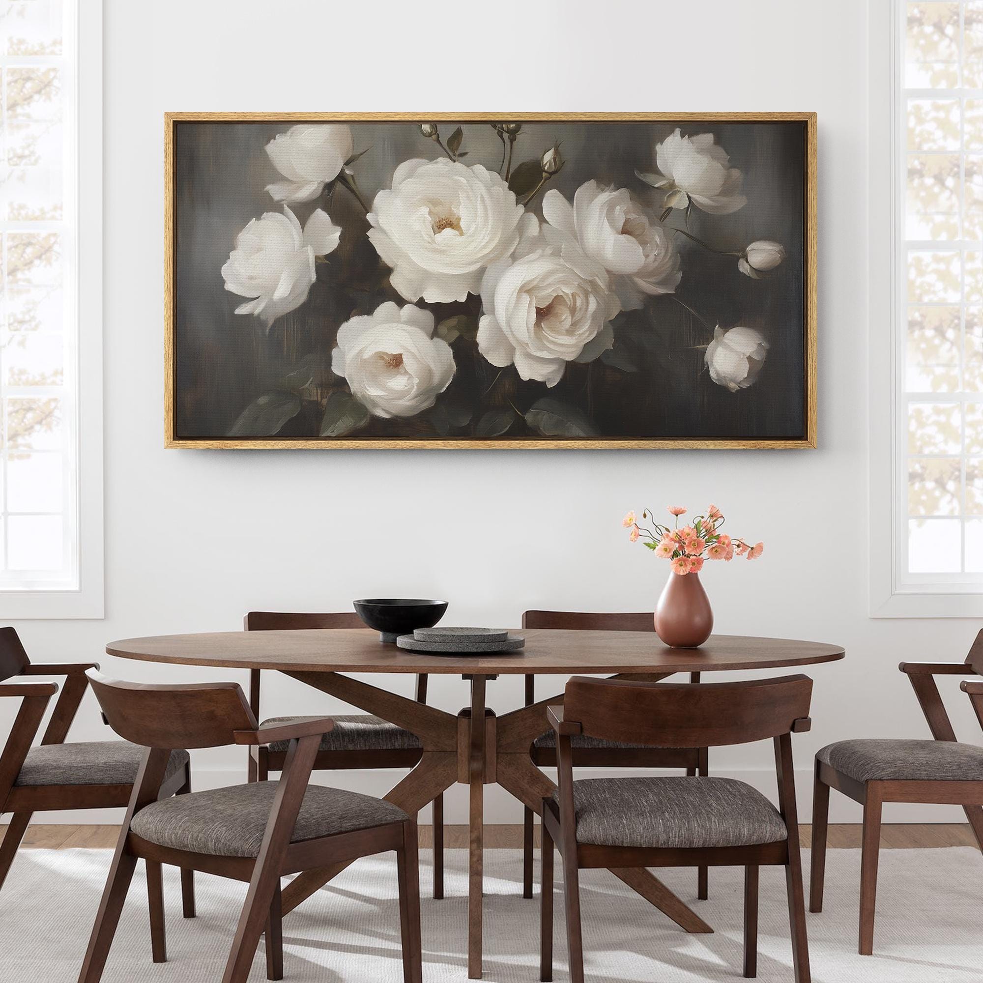 Large Wall Art, Vintage White Rose Canvas Print, Romantic Floral