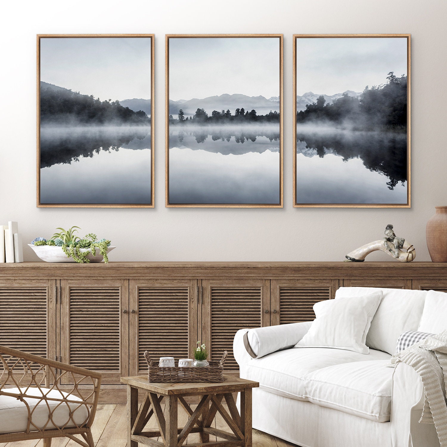 Framed Canvas Wall Art Prints Set of 3 Misty Forest Lake Landscape Art ...