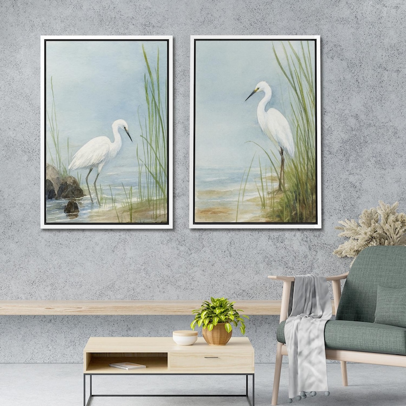 Coastal White Egret Wall Art - Set of 2 Framed Beach Bird Watercolor ...