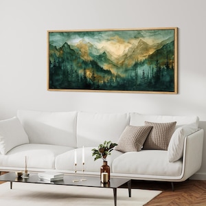 Framed Canvas Large Wall Art Pine Tree Forest and Mountain Landscape at Sunset Nature-Inspired art Watercolor Artwork Living Room Wall Decor
