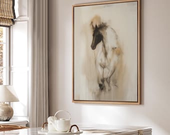 Framed Abstract Horse Wall Art, Neutral Equine Canvas Print, Beige and Black Animal Artwork for Living Room or Office Decor