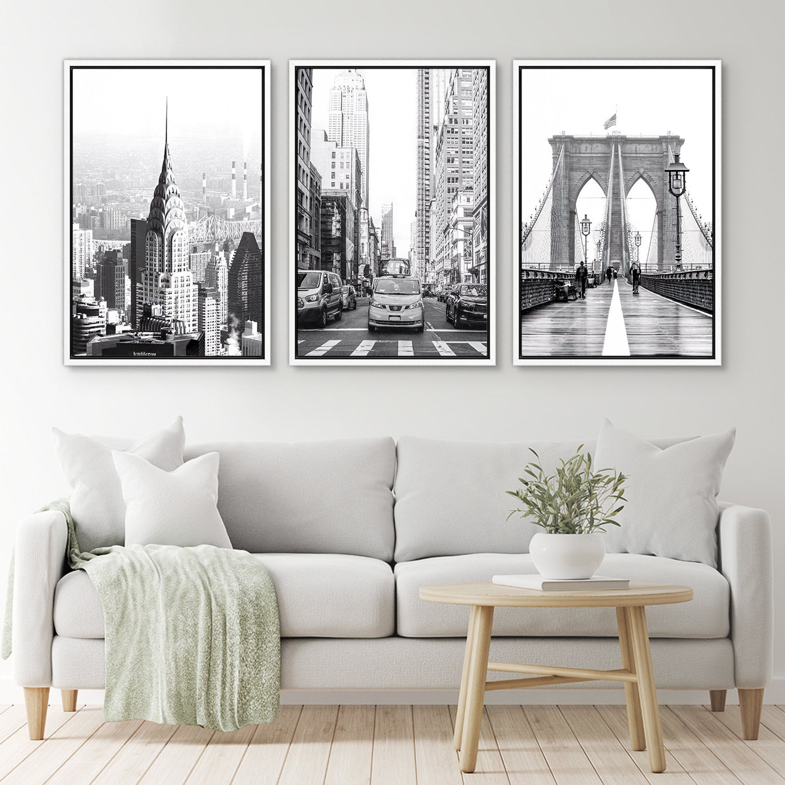 Framed Canvas Wall Art Set of 3 Black and White New York City ...