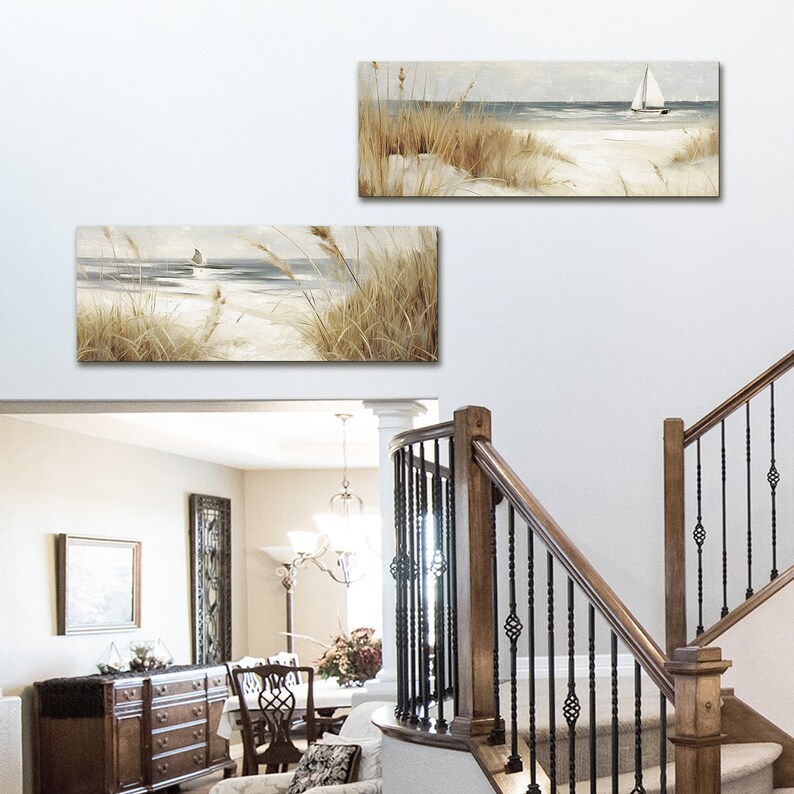 Framed Canvas Wall Art Set of 2 Beach Ocean Shore Prints Minimalist ...