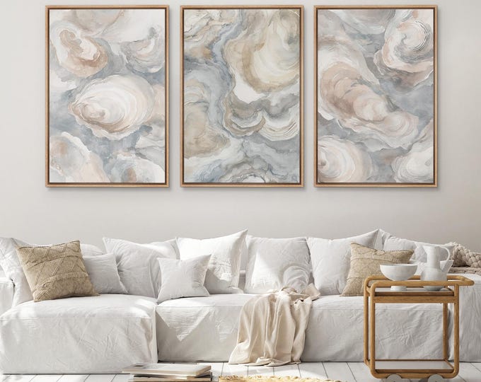Abstract Oyster Shell Wall Art - Set of 3 Framed Coastal Watercolor Canvas Prints, Neutral Beige Blue Modern Ocean Decor for kitchen