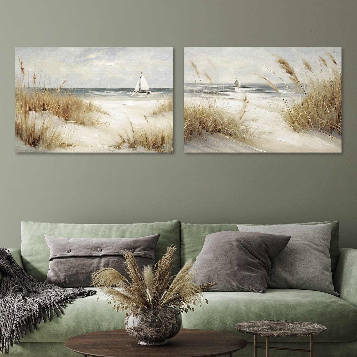 Framed Canvas Wall Art Set of 2 Beach Ocean Shore Prints Minimalist ...