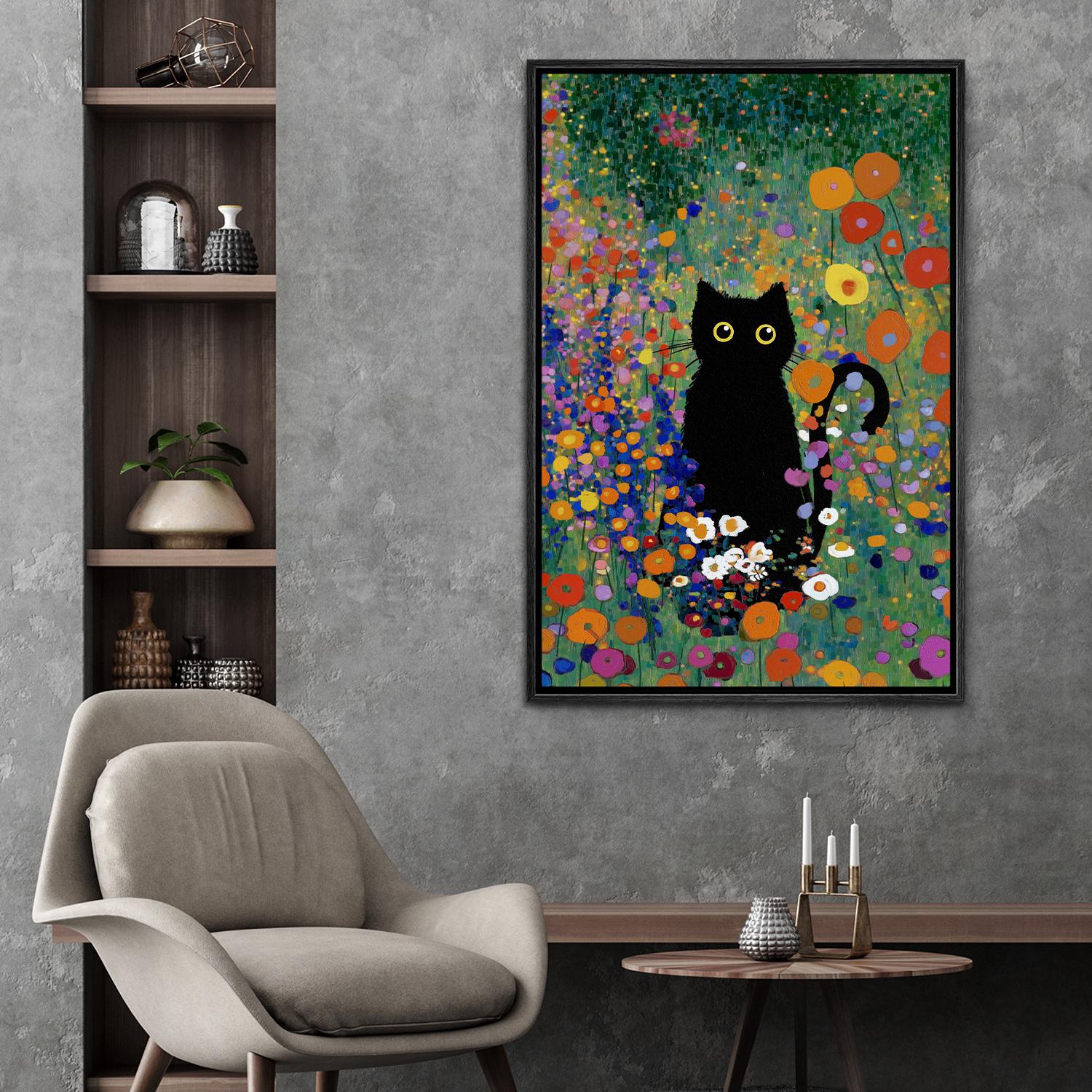 Klimt Inspired Cat Art - Framed Whimsical Black Cat in Wildflowers