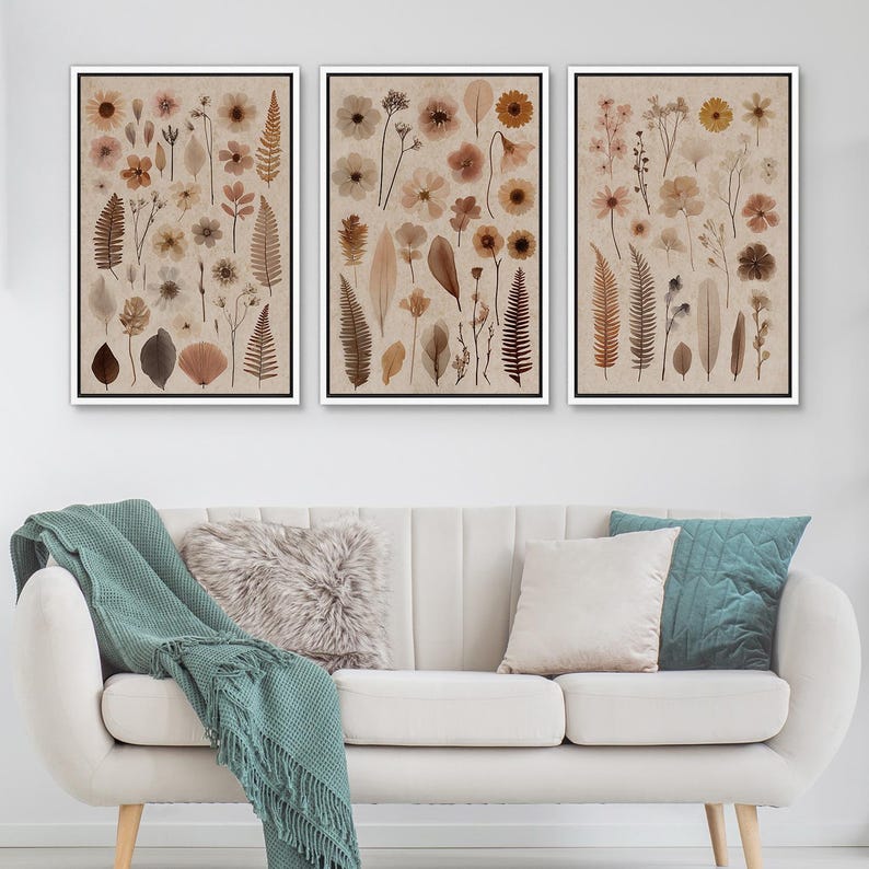 Botanical Pressed Flower Wall Art Set of 3 - Framed Neutral Beige ...