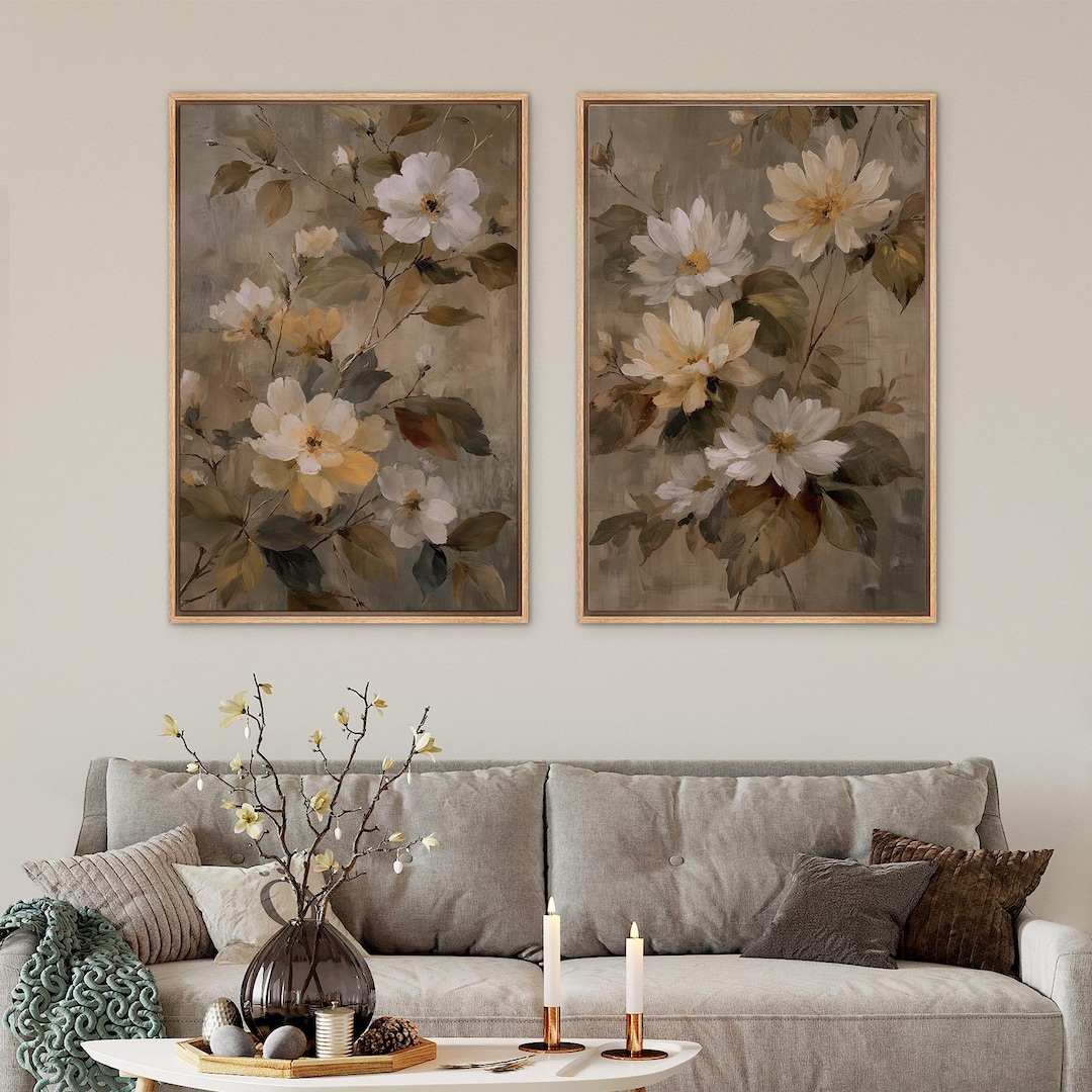 Framed Neutral Floral Wall Art Set of 2, Vintage Botanical Flower ...