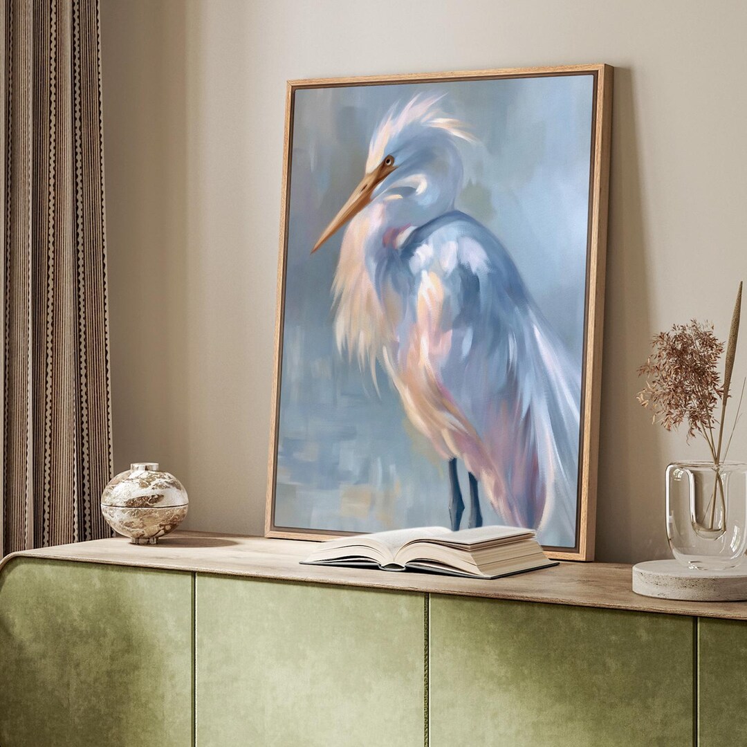 Elegant Egret Wall Art - Framed Coastal Bird Canvas Print, Soft Pastel ...