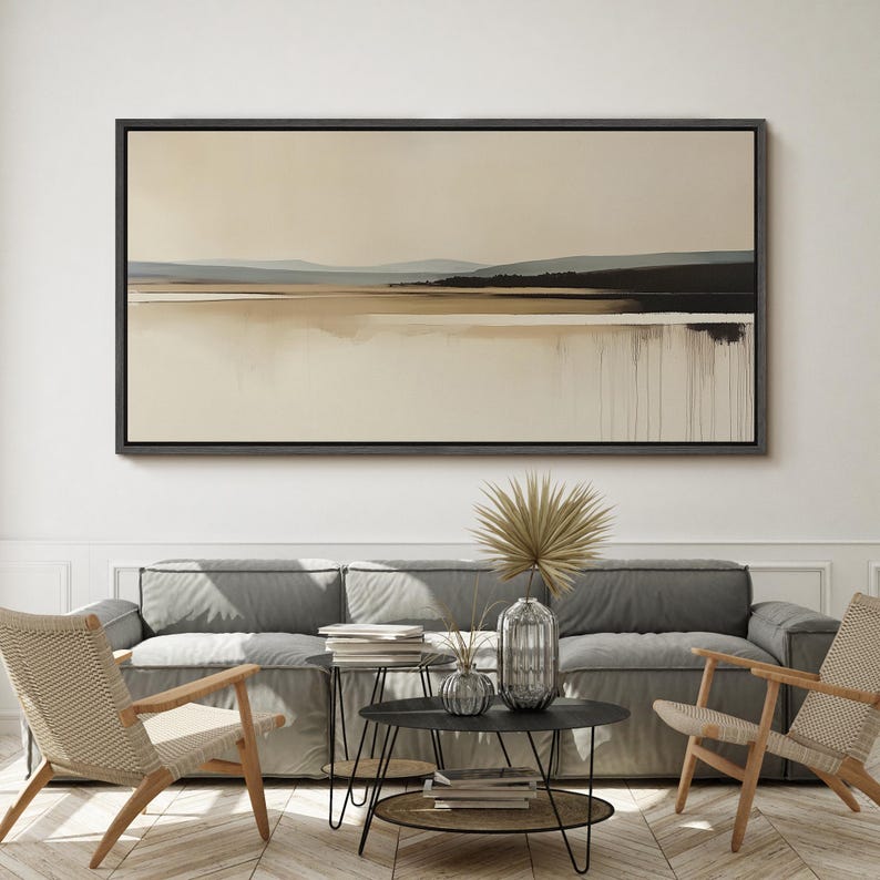 Minimalist Abstract Landscape Wall Art, Large Framed Modern Beige ...
