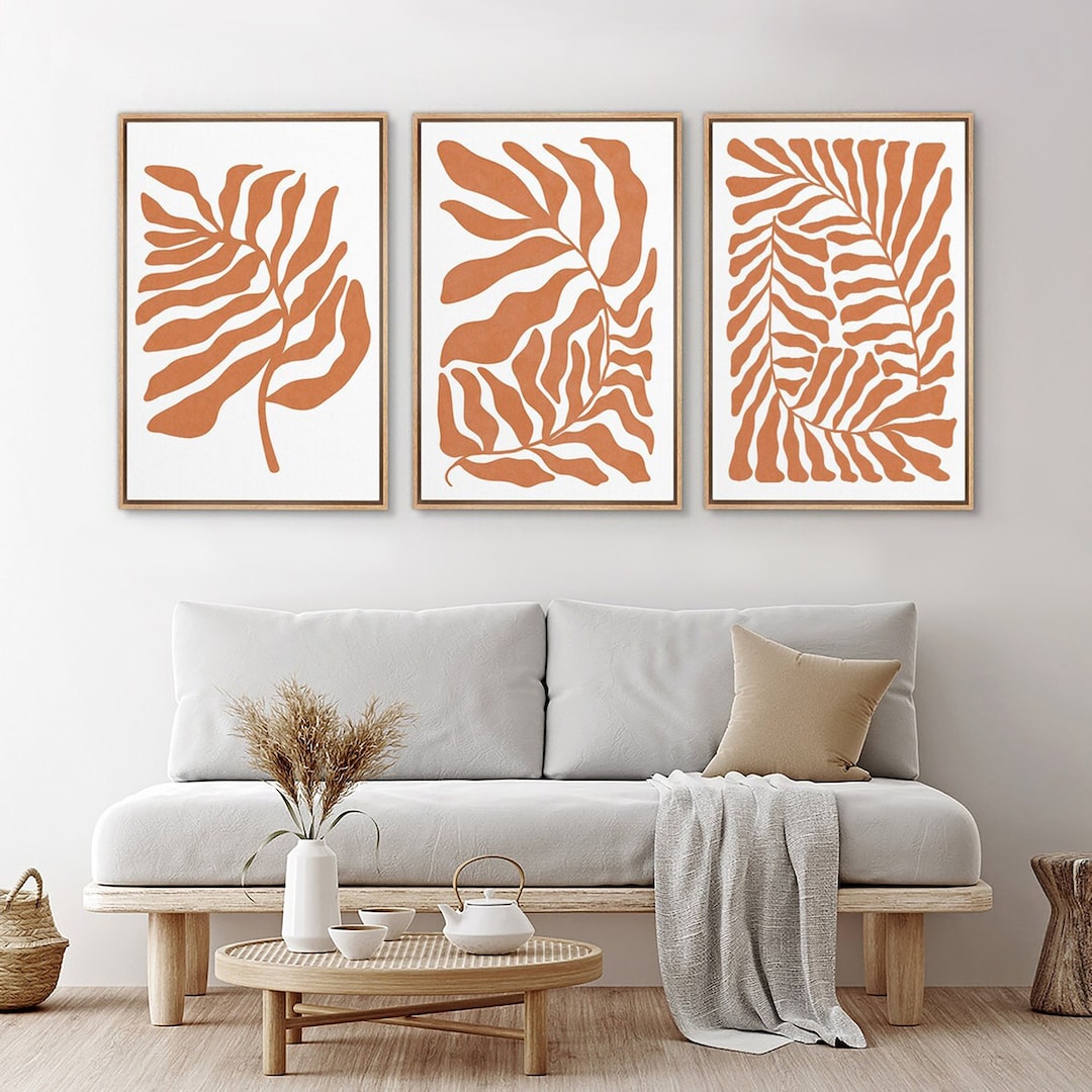 Framed Canvas Wall Art Set Orange Abstract Leaves Botanical Prints ...
