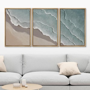 Framed Canvas Wall Art Set of 3 Coastal Beach Ocean Blue Prints Neutral ...