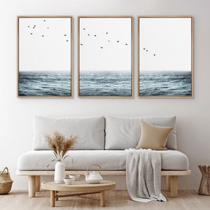 Framed Canvas Wall Art Set of 3 Blue Beach Ocean Photography Art Prints Minimalist Modern Art Coastal Room Decor