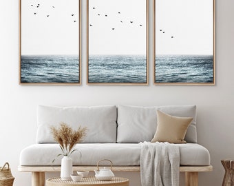 Framed Canvas Wall Art Set of 3 Blue Beach Ocean Photography Art Prints Minimalist Modern Art Coastal Room Decor