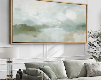Soft Abstract Landscape Wall Art - Large Framed Canvas Print, Minimalist Green & Beige Nature Painting for Living Room or Bedroom Decor