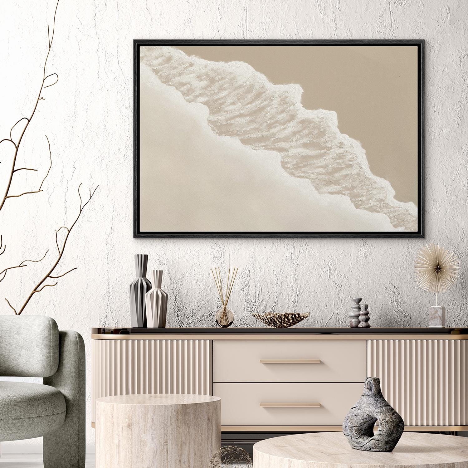 Minimalist Wave Wall Art - Framed Beige & White Abstract Coastal Canvas ...