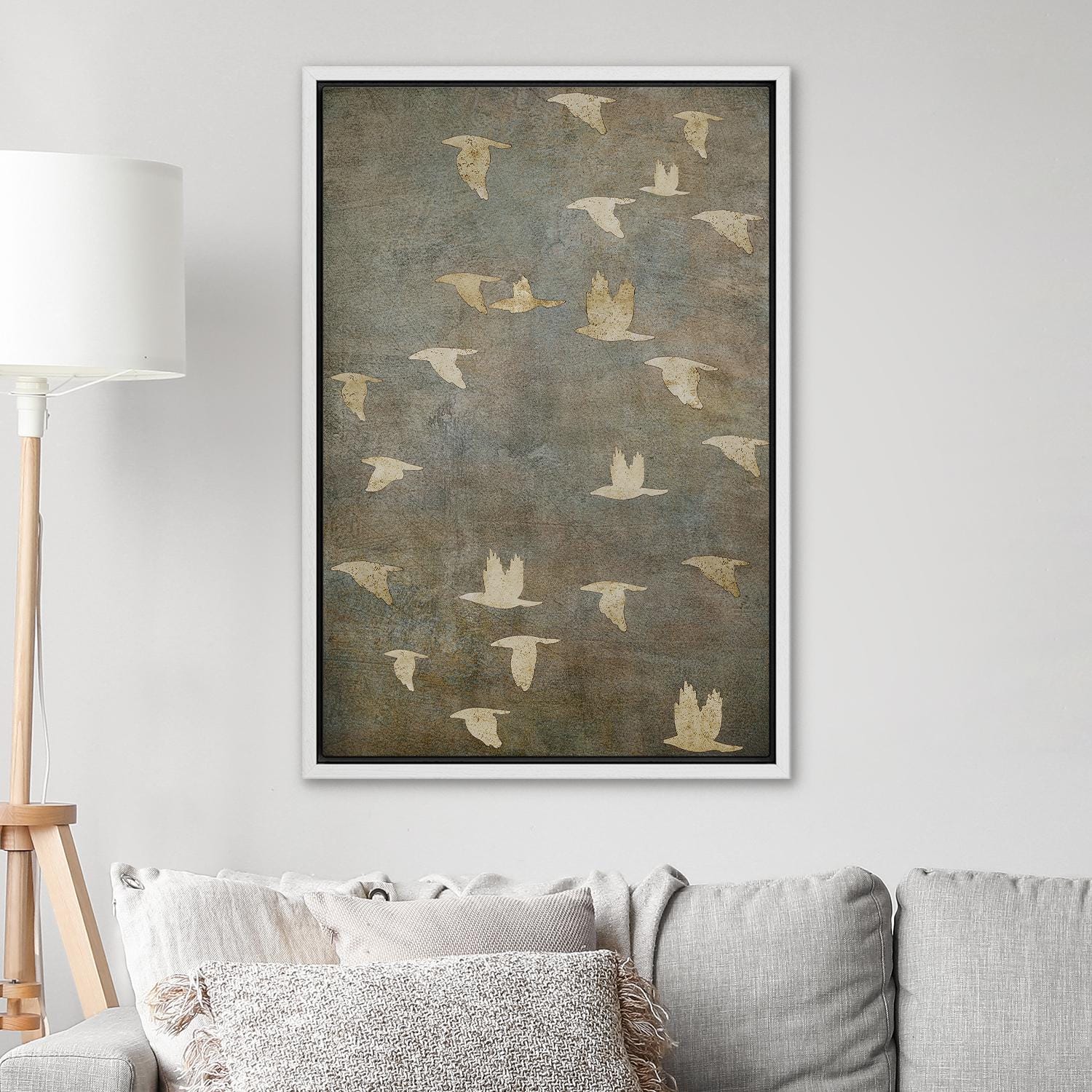 Framed Canvas Wall Art Prints Abstract Flying Flock of Birds in Neutral Tones Rustic Nature Wall Decor Minimalist Artwork Living Room Decor