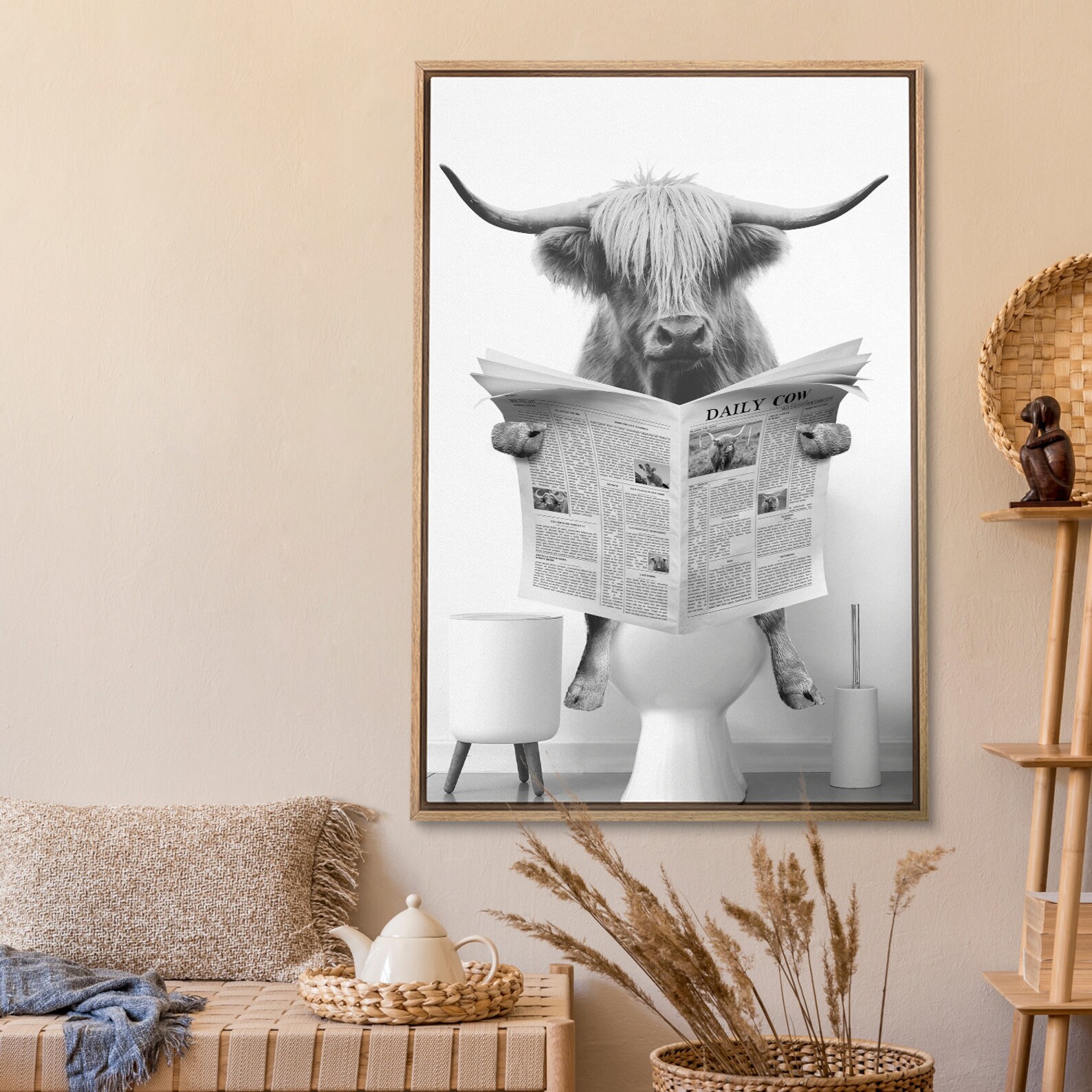 Framed Canvas Wall Art Highland Cow Sitting on the Toilet Animal Print ...