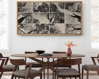 Large Framed Forest Tree Canopy Photography Grid Wall Art, Modern Nature Collage Canvas Print, Minimalist Woodland Decor for Office